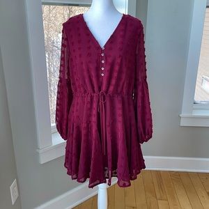 Entro Burgundy Sheer Long Sleeve V Neck Flounce Mini Dress Size Small
